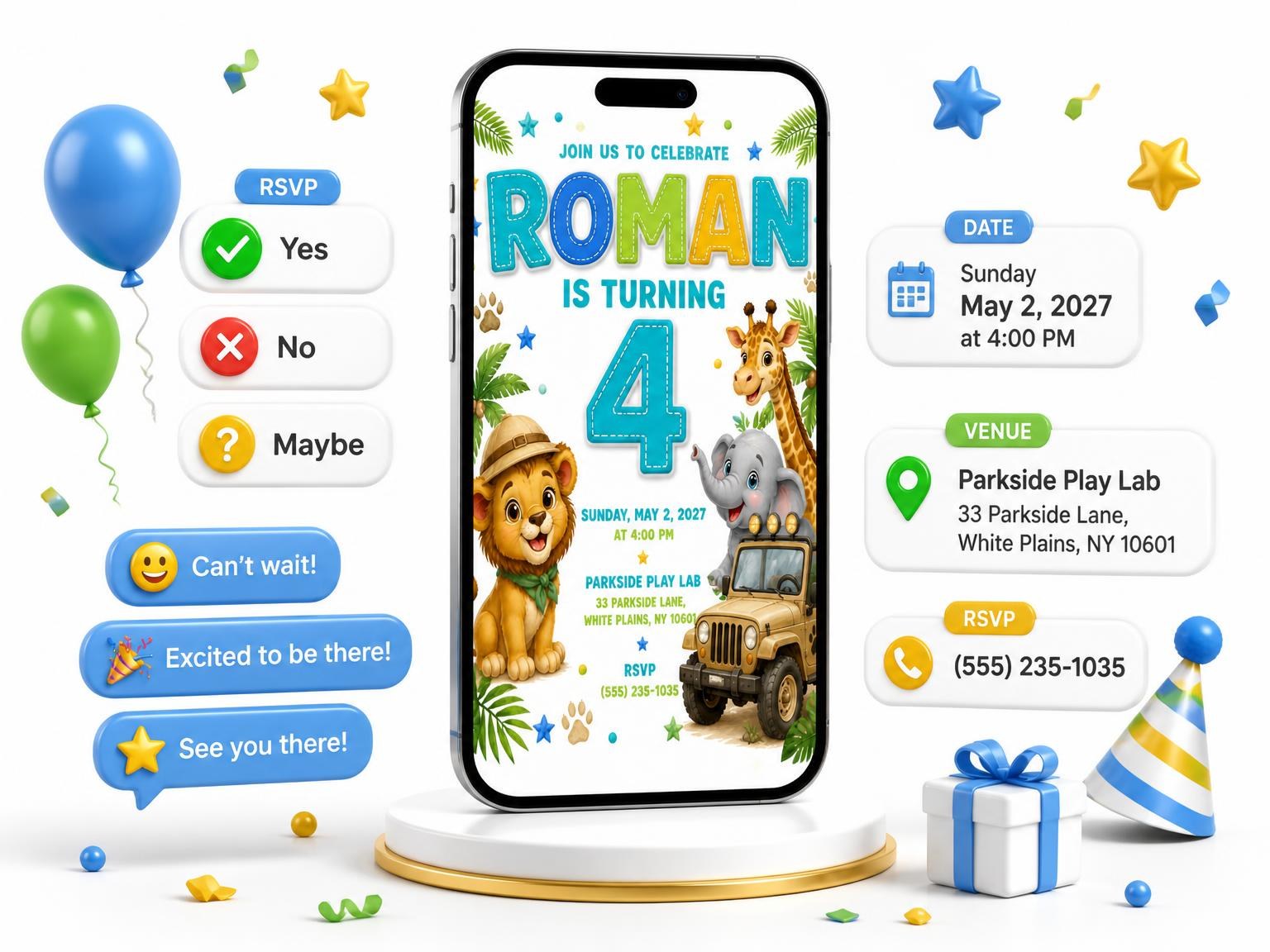 The Lion Cub Stitched 4th Birthday Invitation invitation on a phone, with guest RSVPs arriving around it