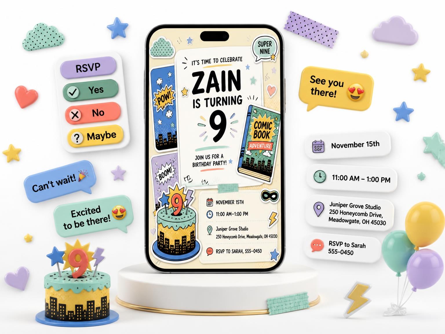 The Pastel Comic Book 9th Birthday Invitation invitation on a phone, with guest RSVPs arriving around it