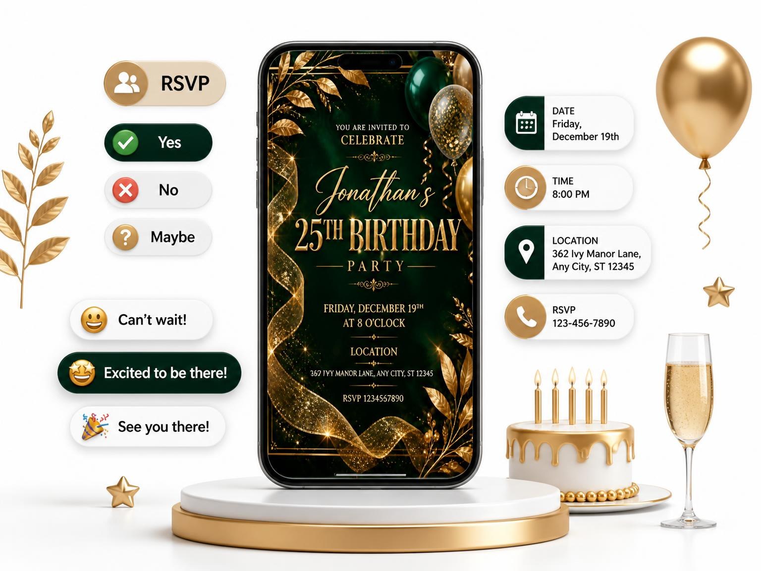 The Emerald and Champagne 25th Birthday Invitation invitation on a phone, with guest RSVPs arriving around it