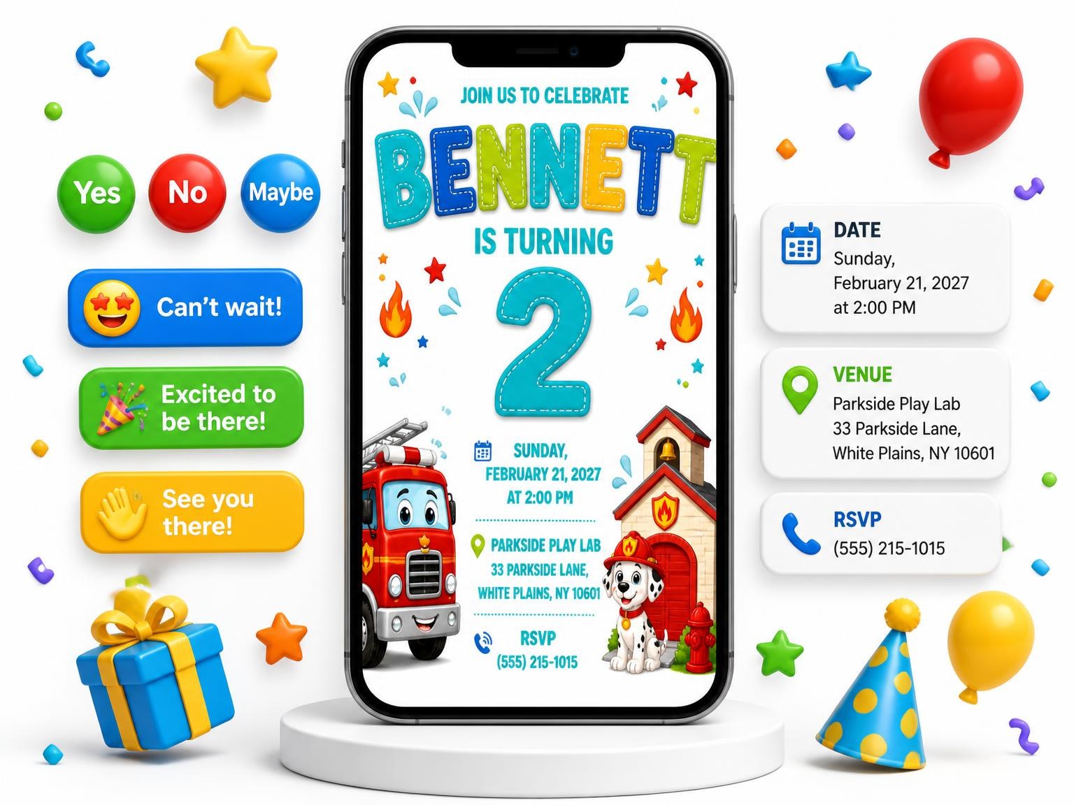 The Fire Engine Stitched 2nd Birthday Invitation invitation on a phone, with guest RSVPs arriving around it