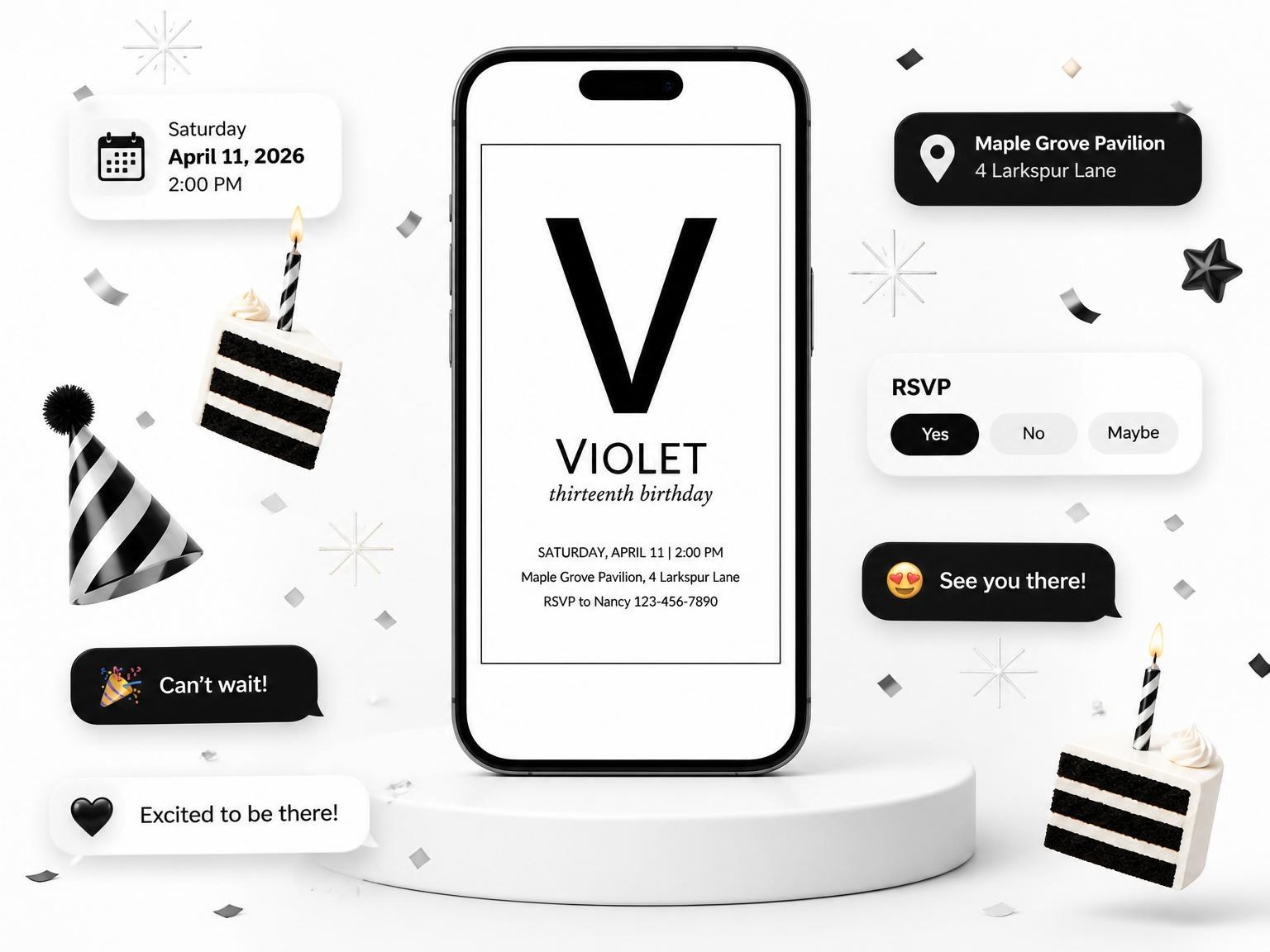 The Monochrome Initial 13th Birthday Invitation invitation on a phone, with guest RSVPs arriving around it