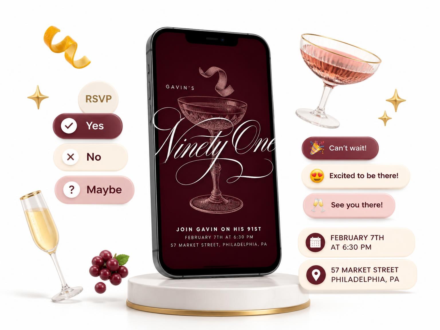The Burgundy Cocktail 91st Birthday Invitation invitation on a phone, with guest RSVPs arriving around it