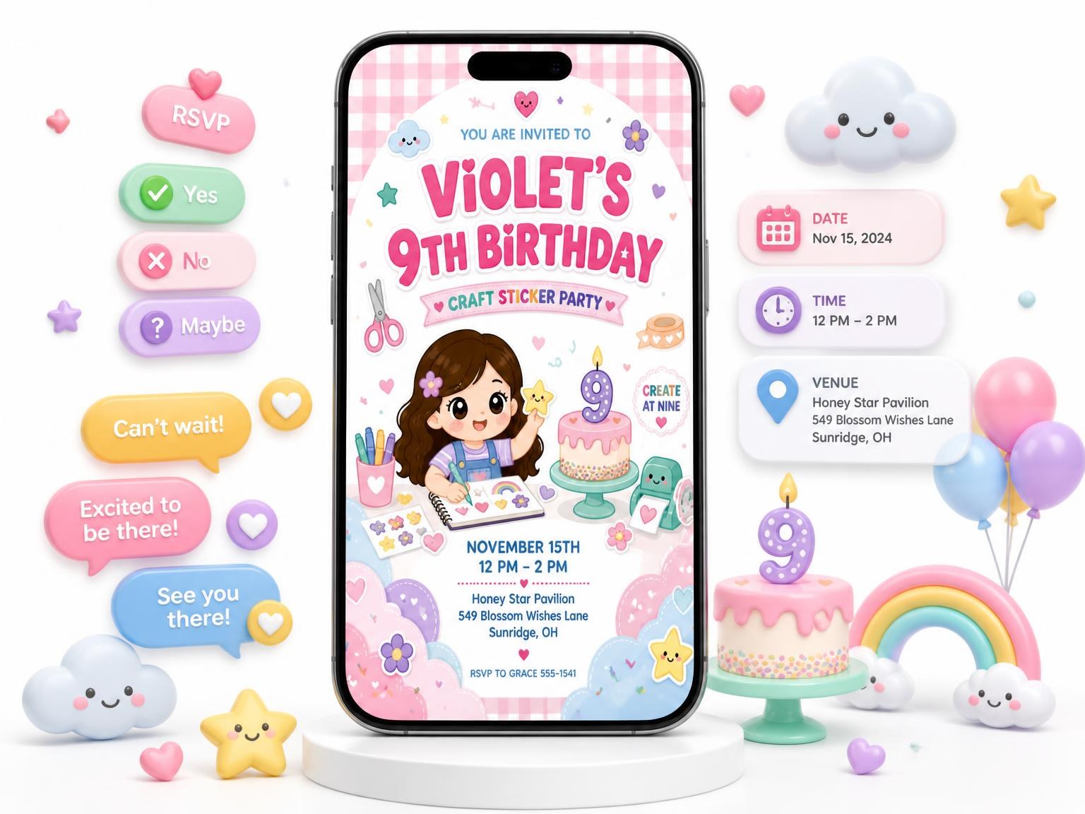 The Kawaii Craft Sticker 9th Birthday Invitation invitation on a phone, with guest RSVPs arriving around it