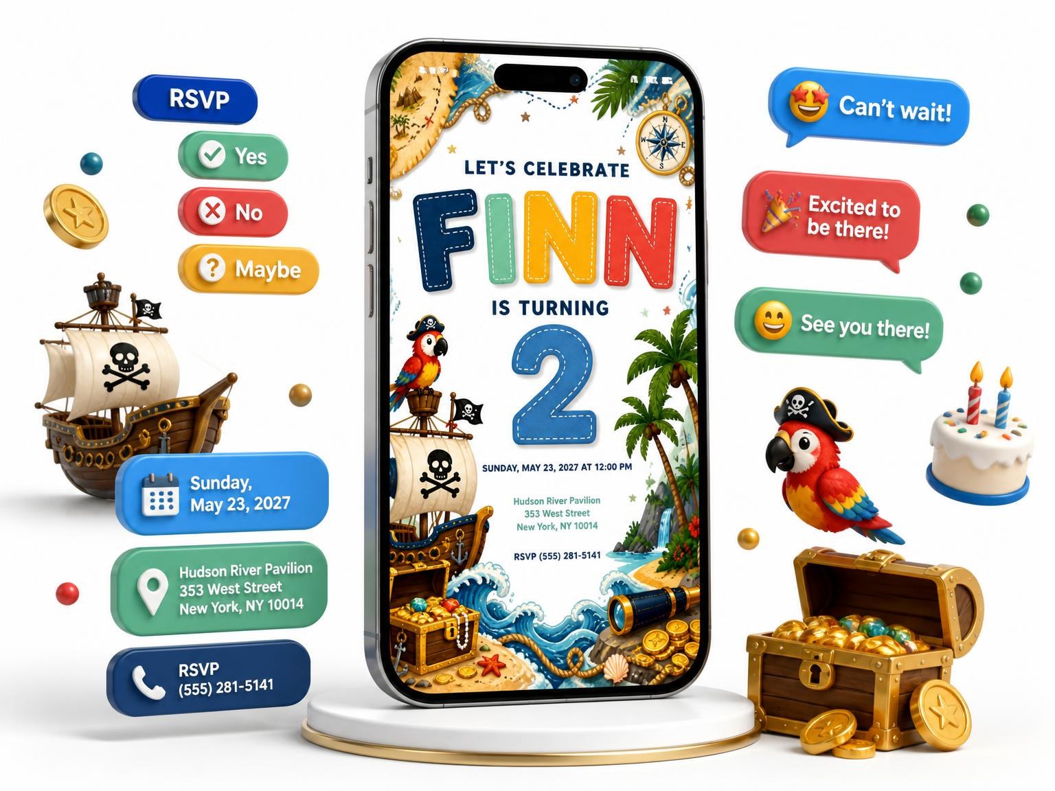 The Pirate Adventure 2nd Birthday Invitation invitation on a phone, with guest RSVPs arriving around it