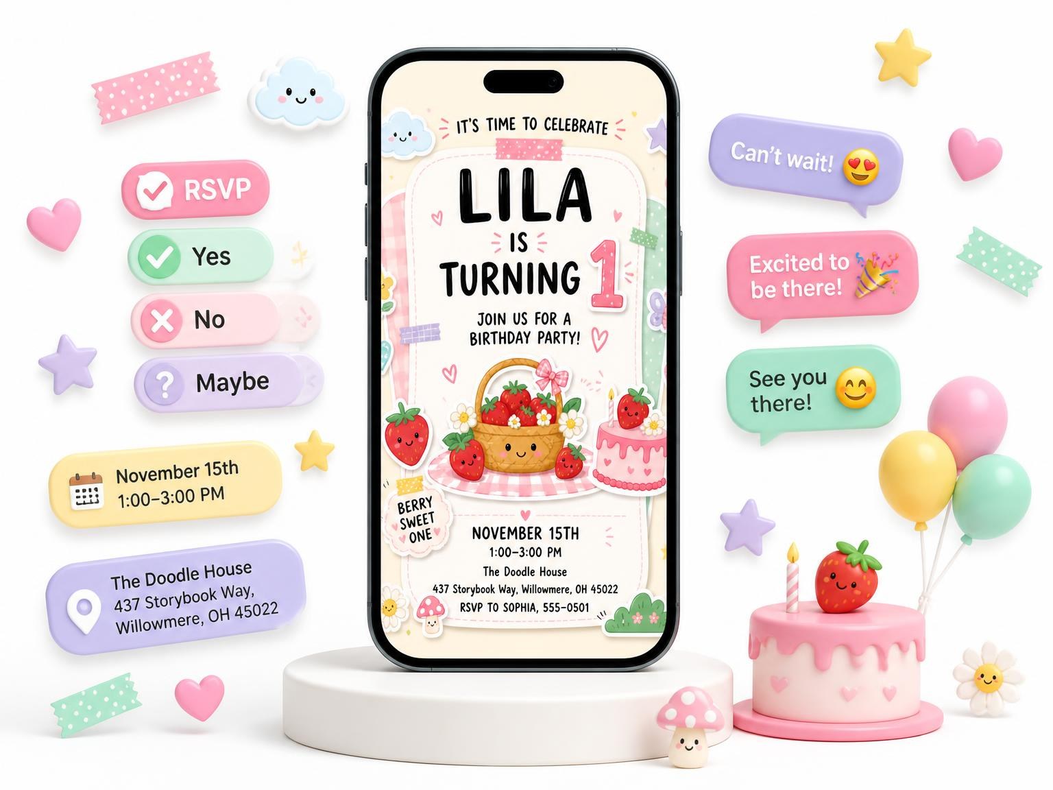 The Pastel Strawberry Picnic 1st Birthday Invitation invitation on a phone, with guest RSVPs arriving around it