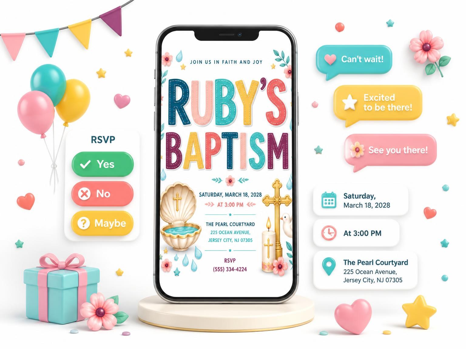The Golden Crucifix Baptism Invitation invitation on a phone, with guest RSVPs arriving around it