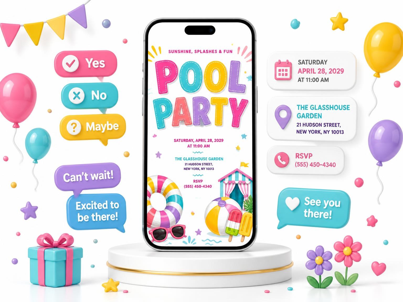 The Striped Swim Pool Party Invitation invitation on a phone, with guest RSVPs arriving around it