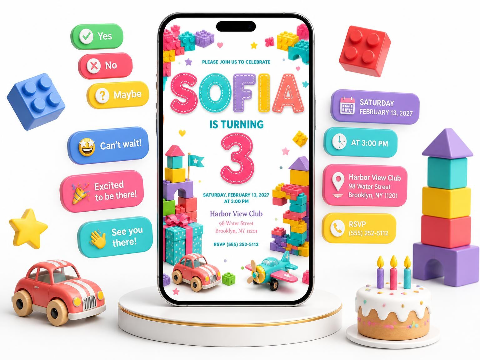 The Stitched Toy Blocks 3rd Birthday Invitation invitation on a phone, with guest RSVPs arriving around it