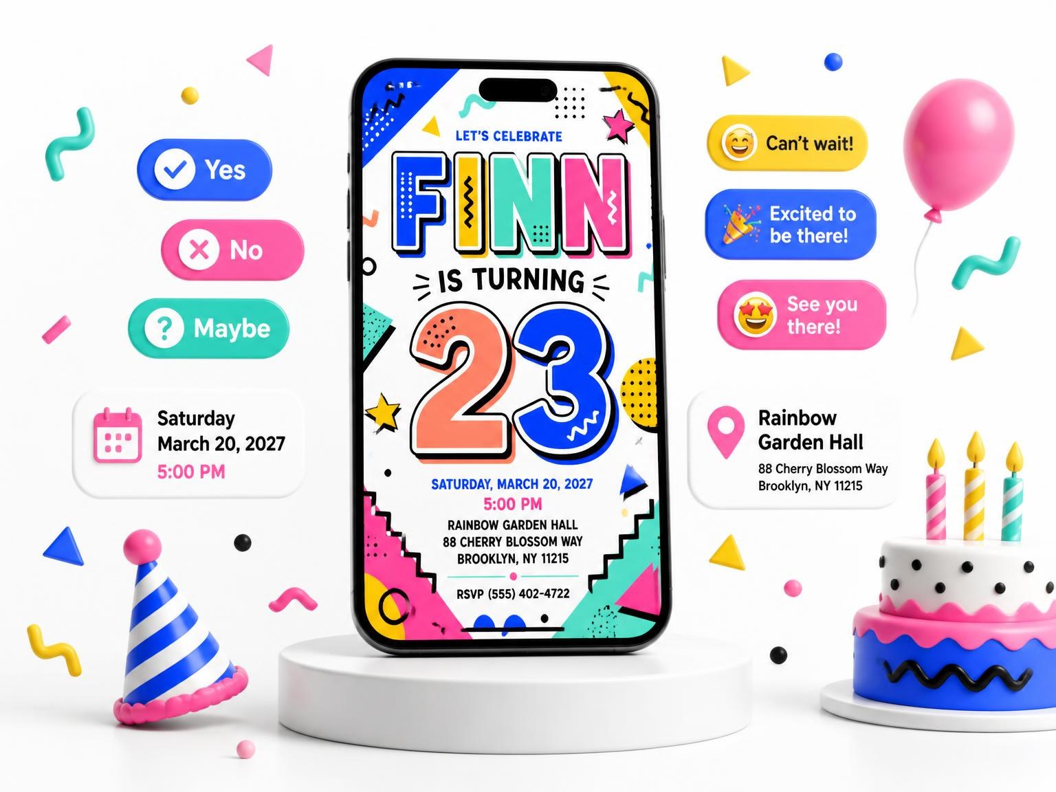 The Memphis Pop 23rd Birthday Invitation invitation on a phone, with guest RSVPs arriving around it