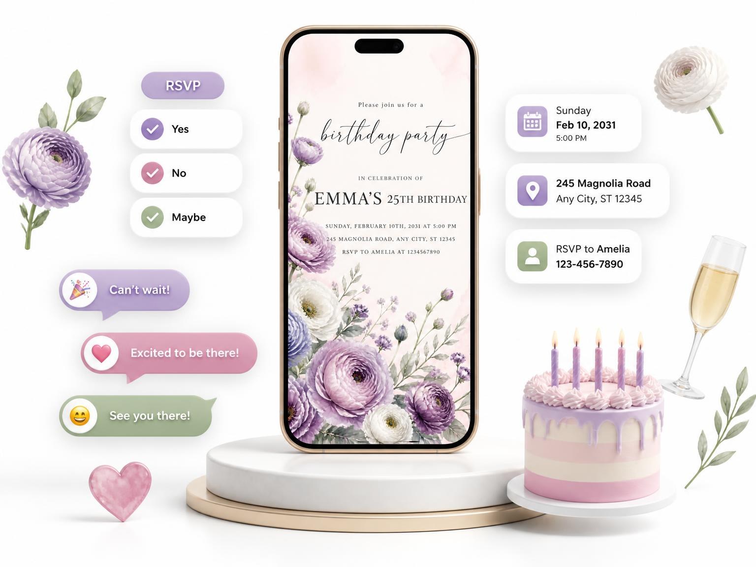 The Botanical Bouquet Lavender 25th Birthday Invitation invitation on a phone, with guest RSVPs arriving around it