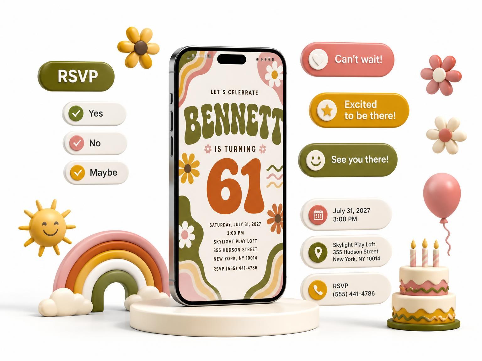 The Groovy Retro 61st Birthday Invitation invitation on a phone, with guest RSVPs arriving around it