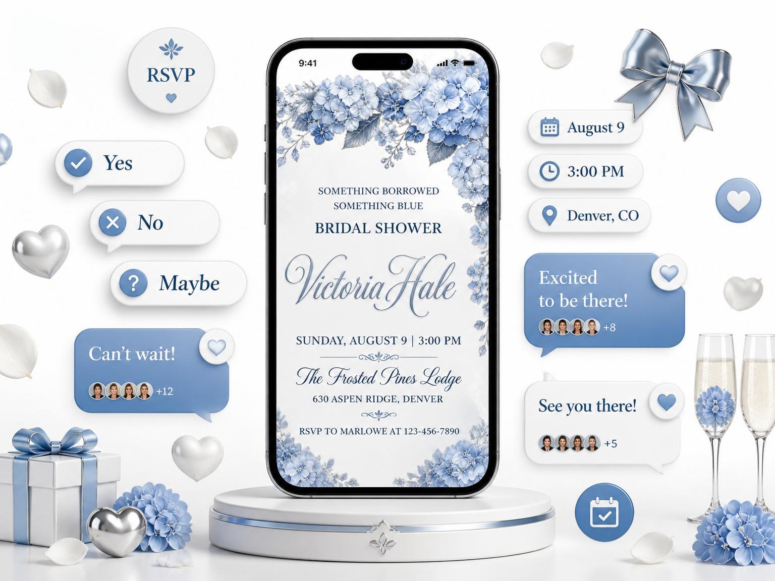 The Blue Hydrangea Silver Bridal Shower invitation on a phone, with guest RSVPs arriving around it