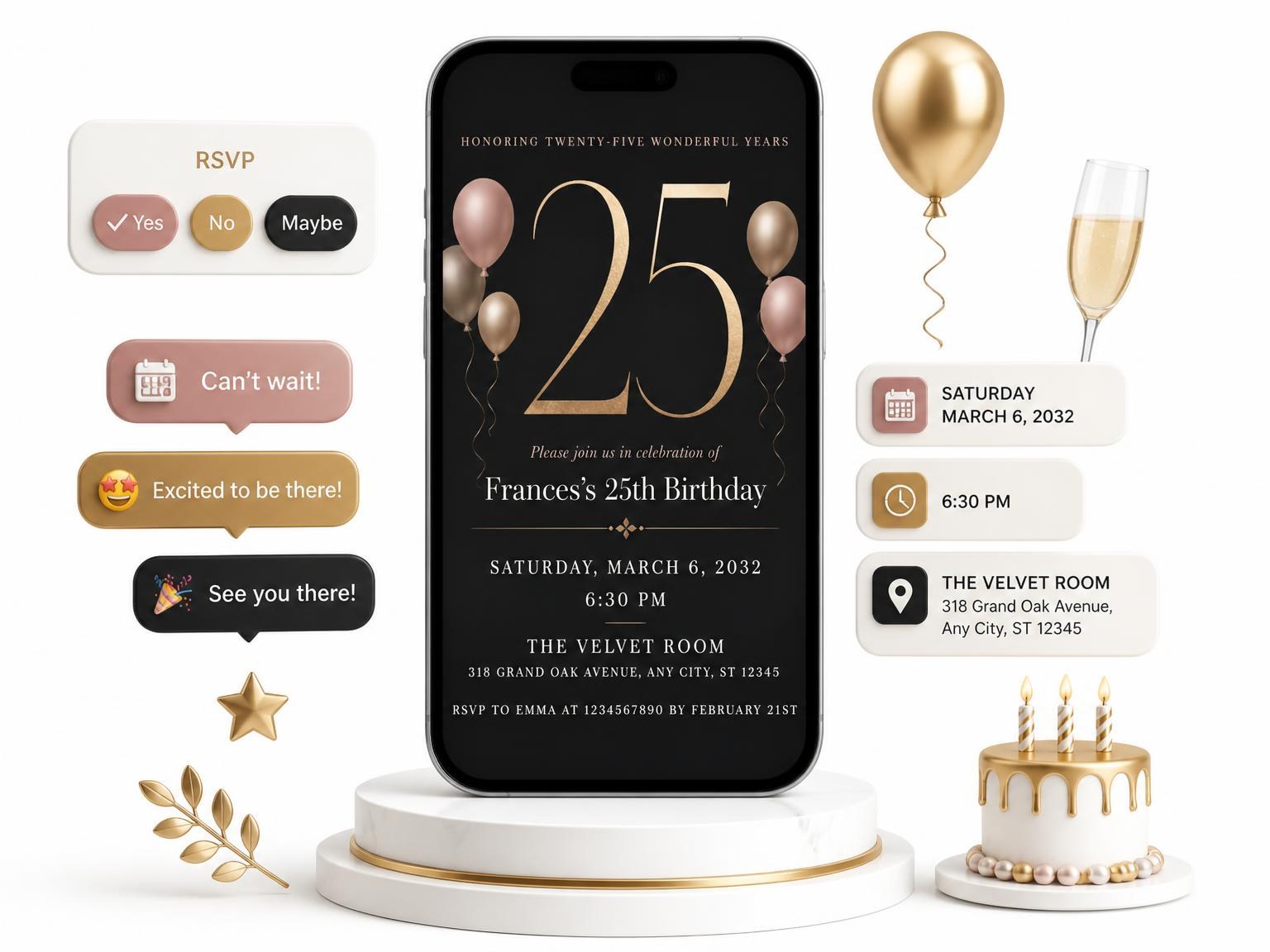 The Charcoal and Blush 25th Birthday Invitation invitation on a phone, with guest RSVPs arriving around it