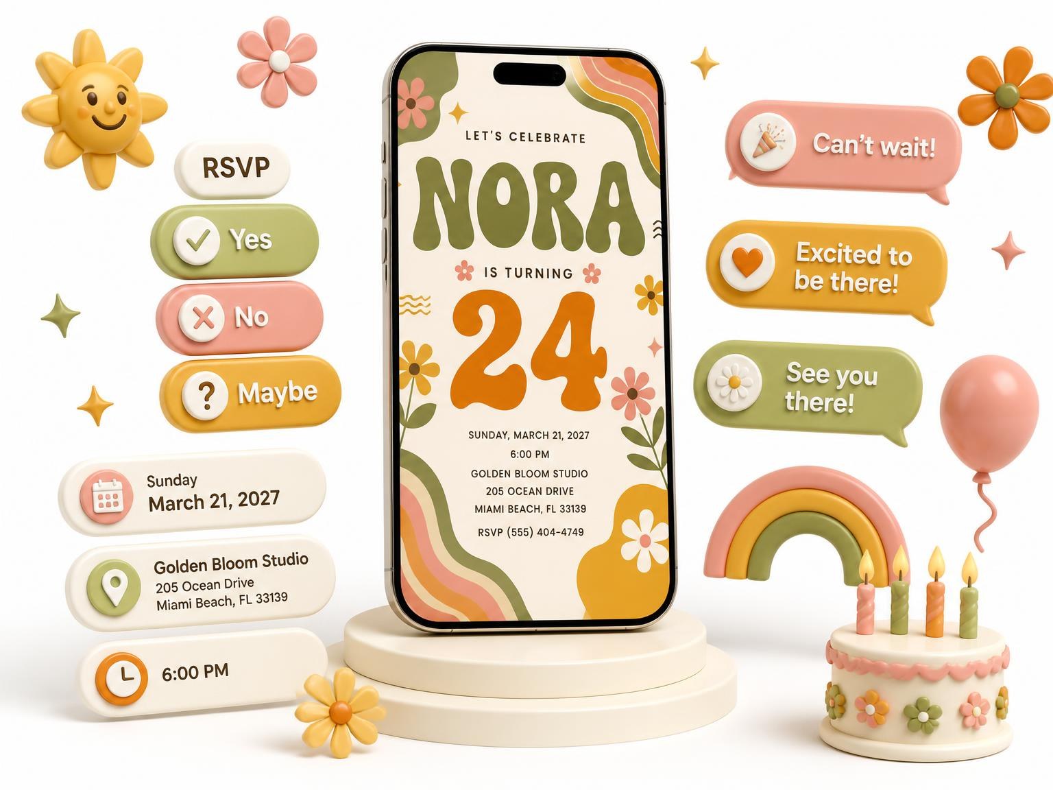 The Groovy Retro 24th Birthday Invitation invitation on a phone, with guest RSVPs arriving around it