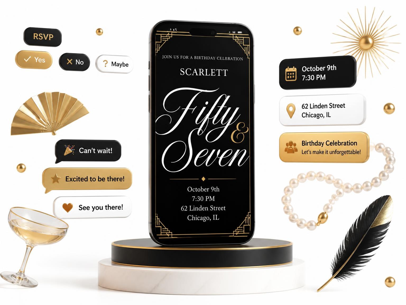 The Art Deco 57th Birthday Invitation invitation on a phone, with guest RSVPs arriving around it