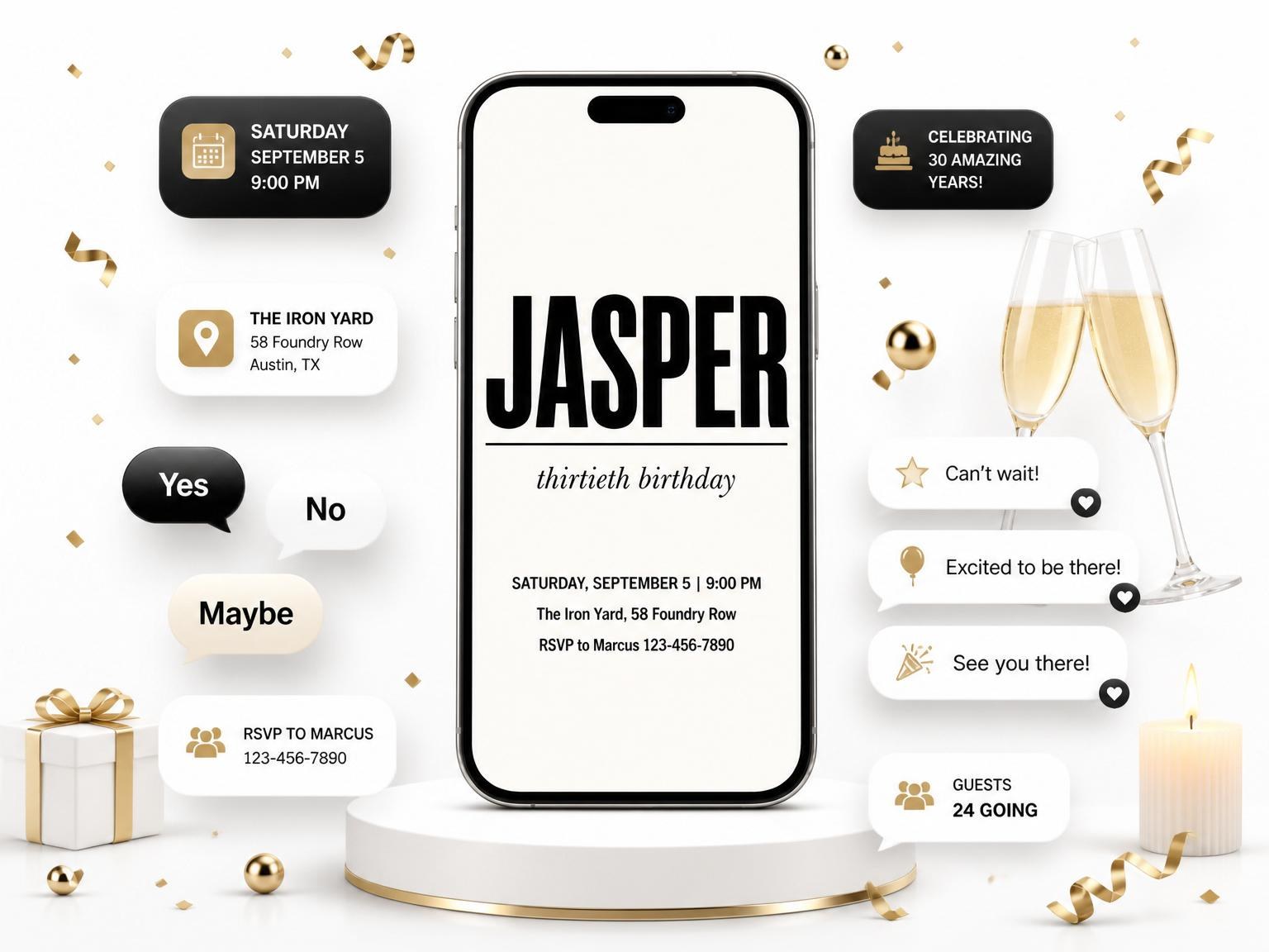 The Cream Black Typographic Birthday Invitation invitation on a phone, with guest RSVPs arriving around it