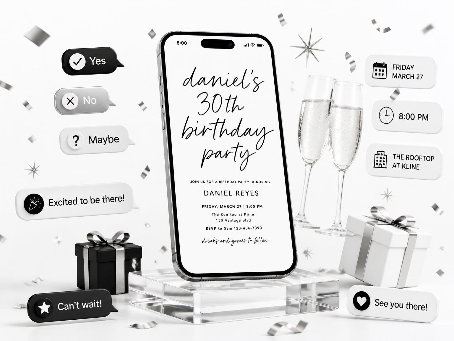 The Minimalist Black and White 30th Birthday invitation on a phone, with guest RSVPs arriving around it