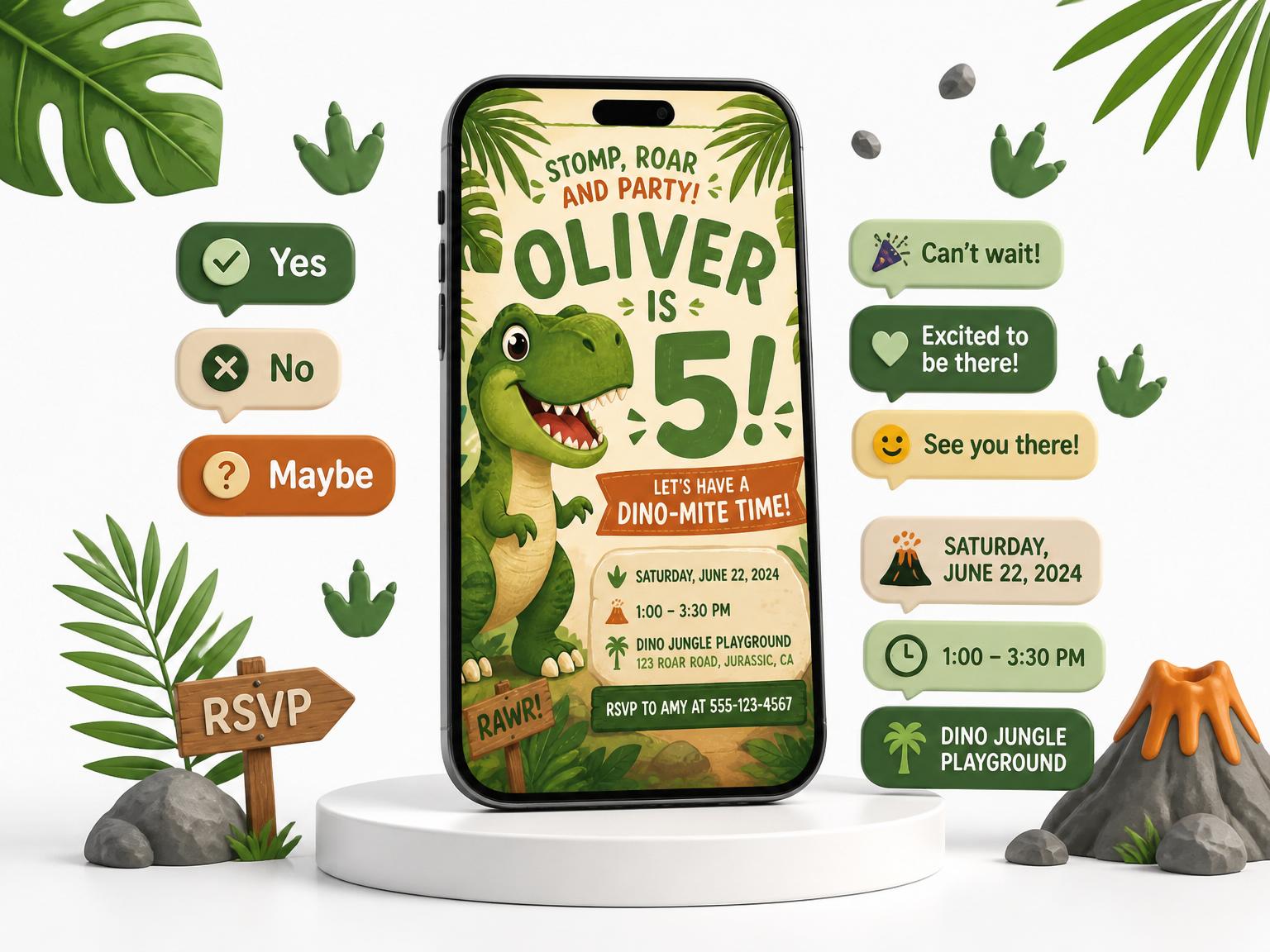 The Dino Stomp Jungle Birthday Celebration invitation on a phone, with guest RSVPs arriving around it