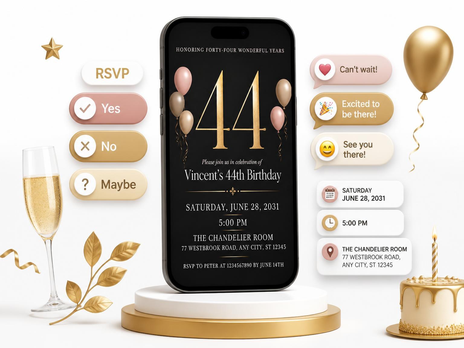 The Charcoal and Blush 44th Birthday Invitation invitation on a phone, with guest RSVPs arriving around it