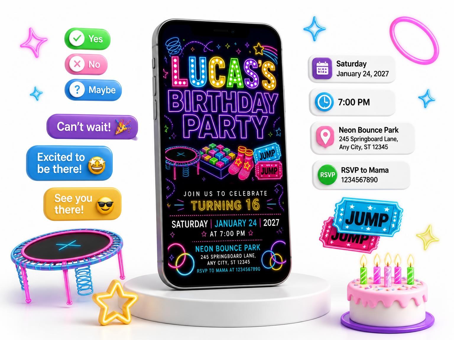 The Neon Trampoline 16th Birthday Invitation invitation on a phone, with guest RSVPs arriving around it