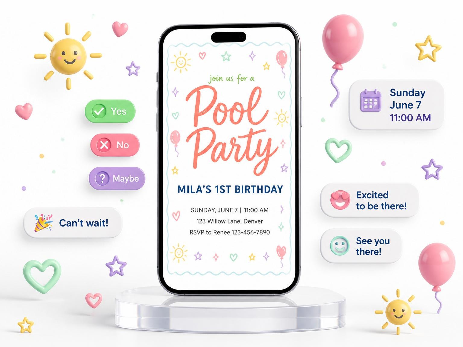 The Pastel Hand-Drawn Icon 1st Birthday Invitation invitation on a phone, with guest RSVPs arriving around it