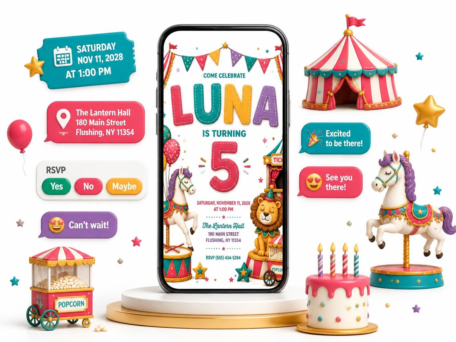 The Stitched Circus 5th Birthday Invitation invitation on a phone, with guest RSVPs arriving around it