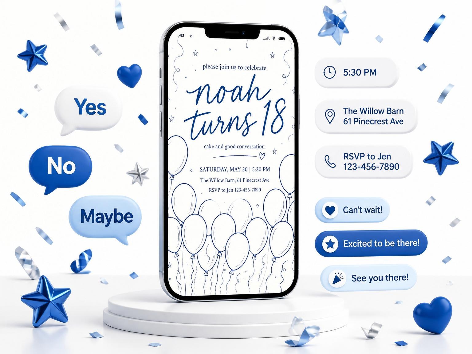 The Blue Balloon Sketch 18th Birthday invitation on a phone, with guest RSVPs arriving around it