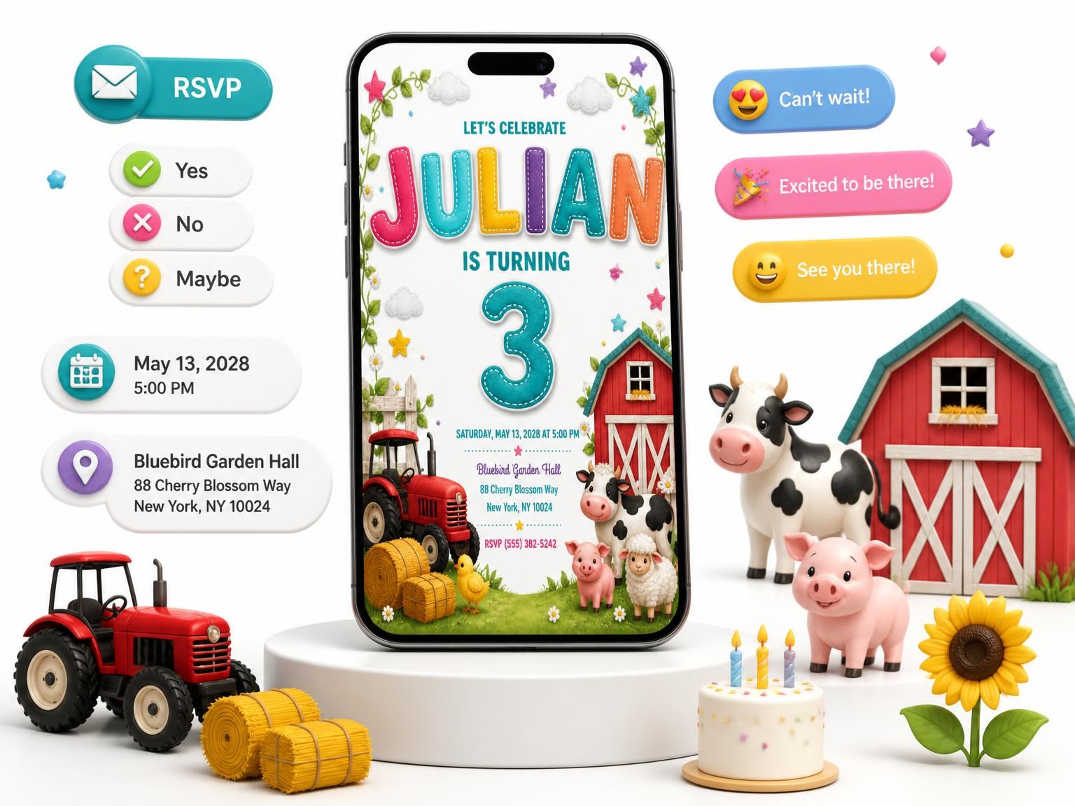 The Stitched Farm 3rd Birthday Invitation invitation on a phone, with guest RSVPs arriving around it