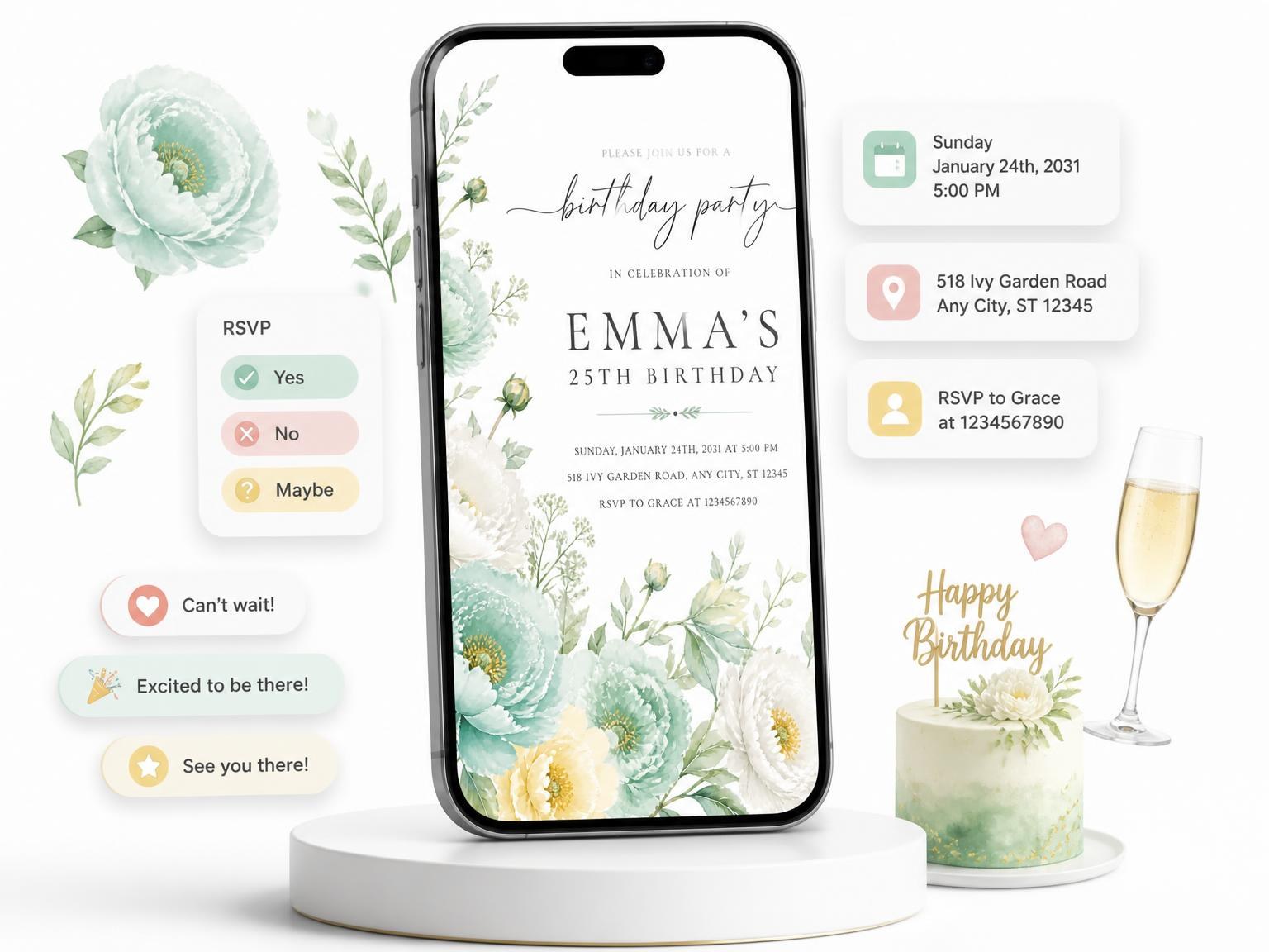 The Botanical Garden Mint 25th Birthday Invitation invitation on a phone, with guest RSVPs arriving around it