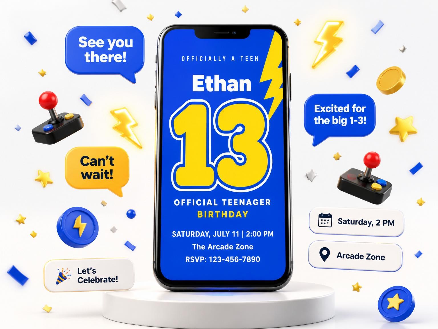 The Blue Yellow Lightning 13th Birthday invitation on a phone, with guest RSVPs arriving around it