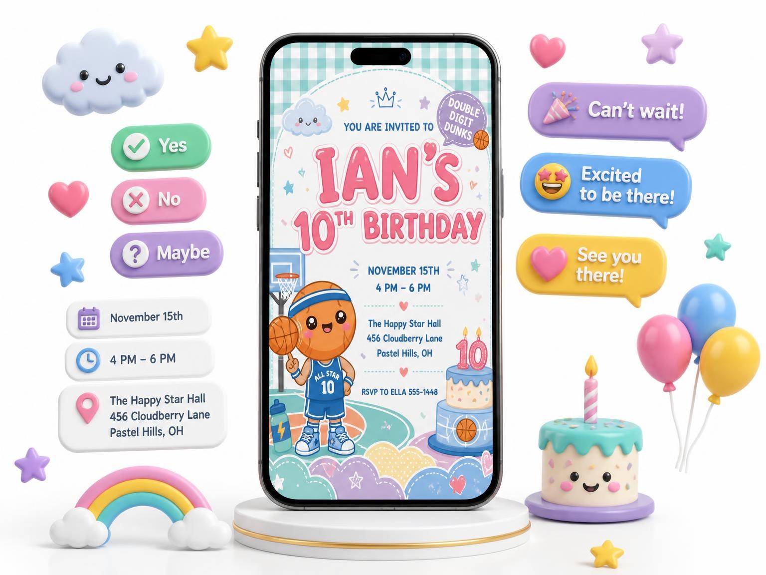 The Kawaii Basketball 10th Birthday Invitation invitation on a phone, with guest RSVPs arriving around it