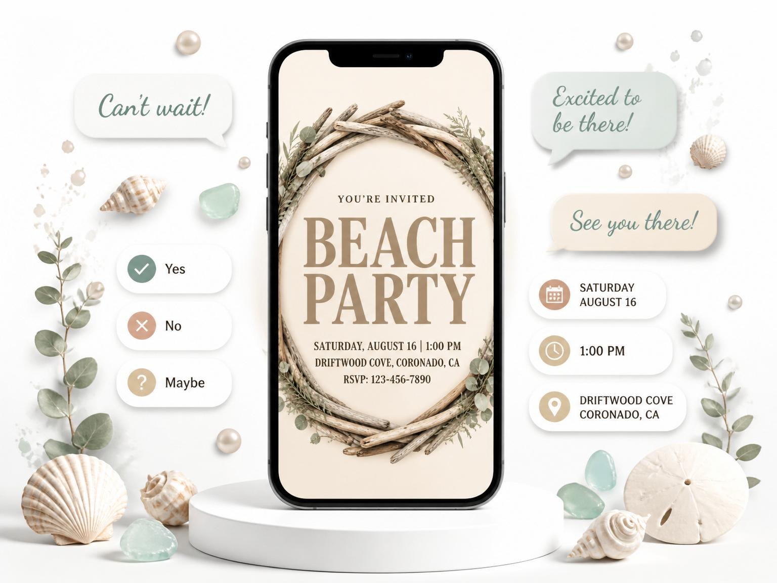The Driftwood Eucalyptus Wreath Beach Party invitation on a phone, with guest RSVPs arriving around it