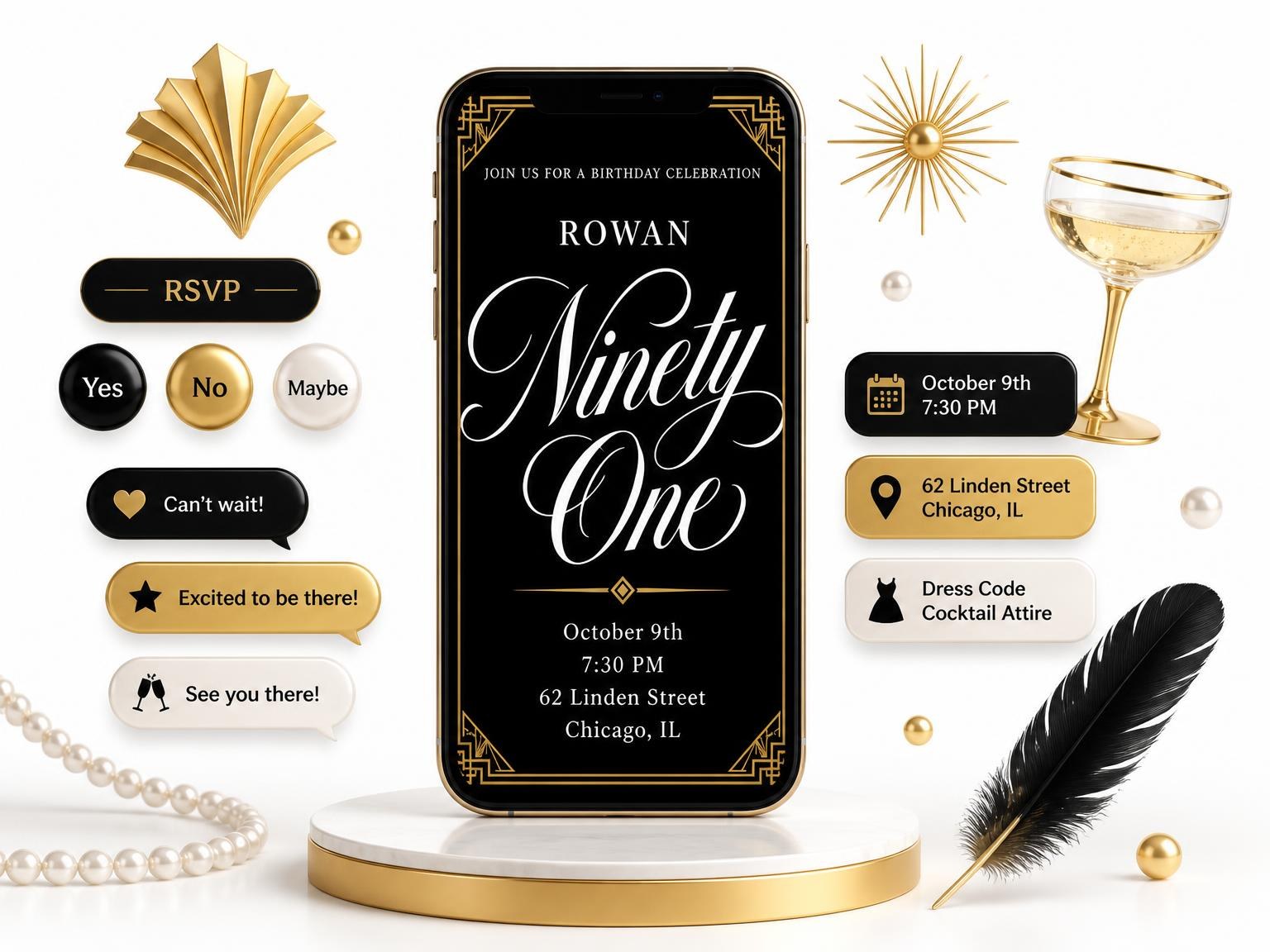 The Art Deco 91st Birthday Invitation invitation on a phone, with guest RSVPs arriving around it