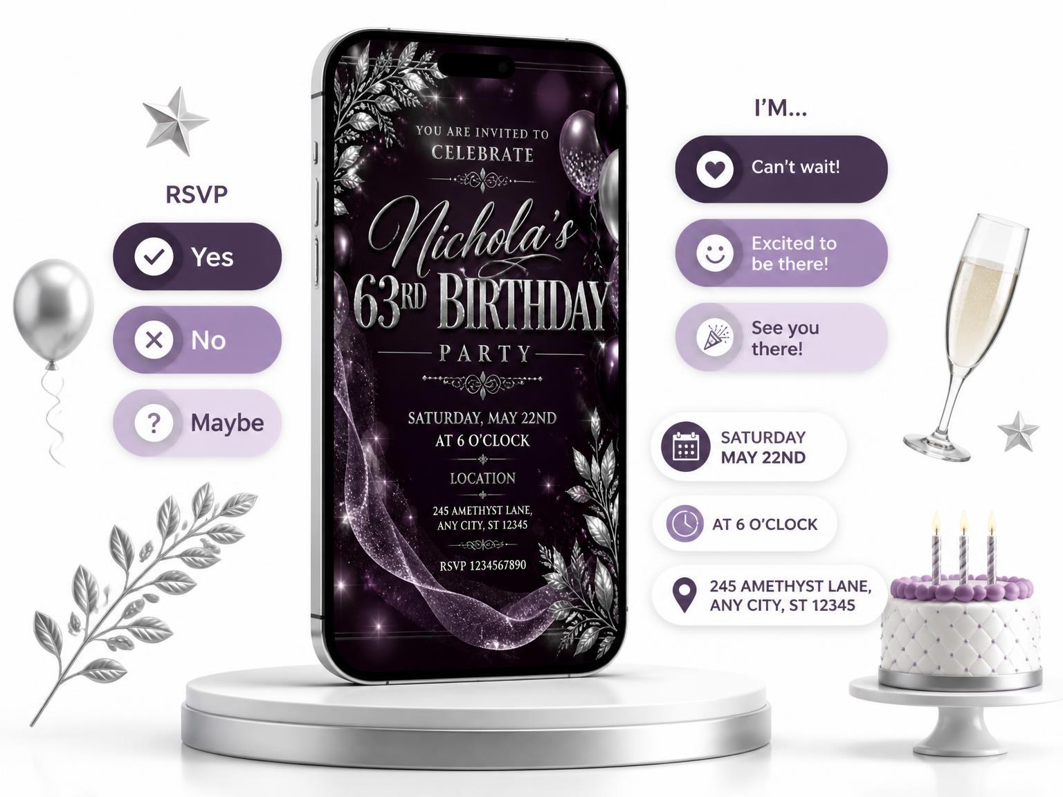 The Plum and Silver 63rd Birthday Invitation invitation on a phone, with guest RSVPs arriving around it