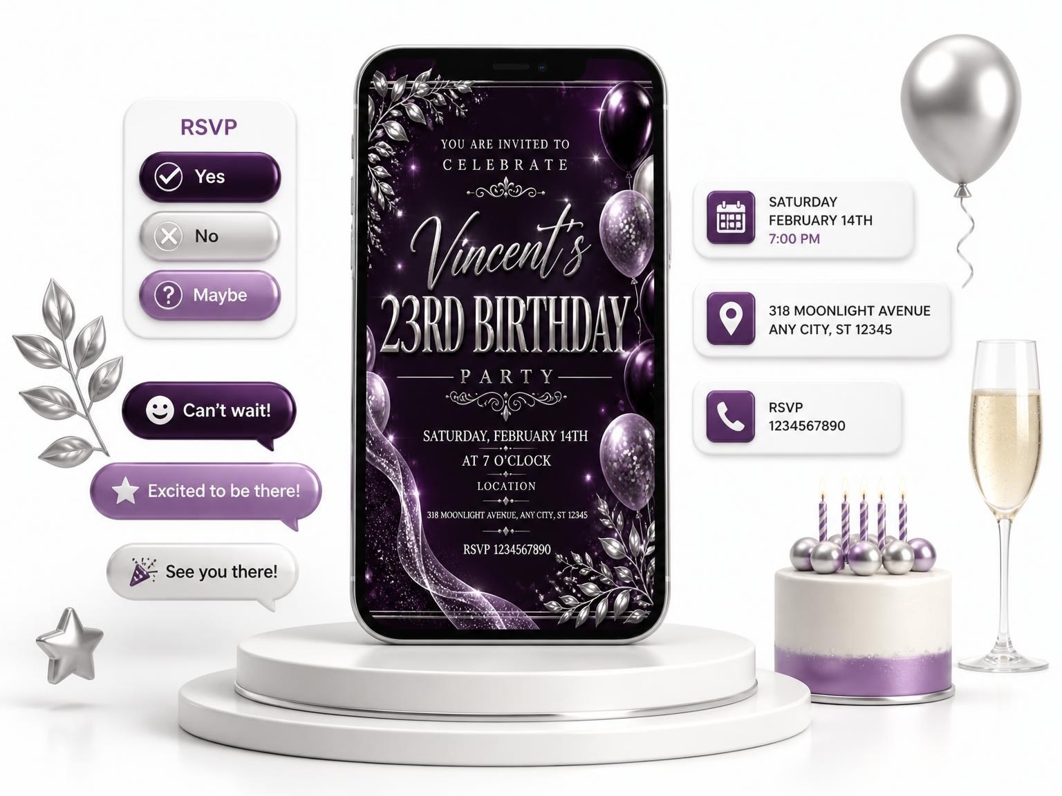 The Plum and Silver 23rd Birthday Invitation invitation on a phone, with guest RSVPs arriving around it