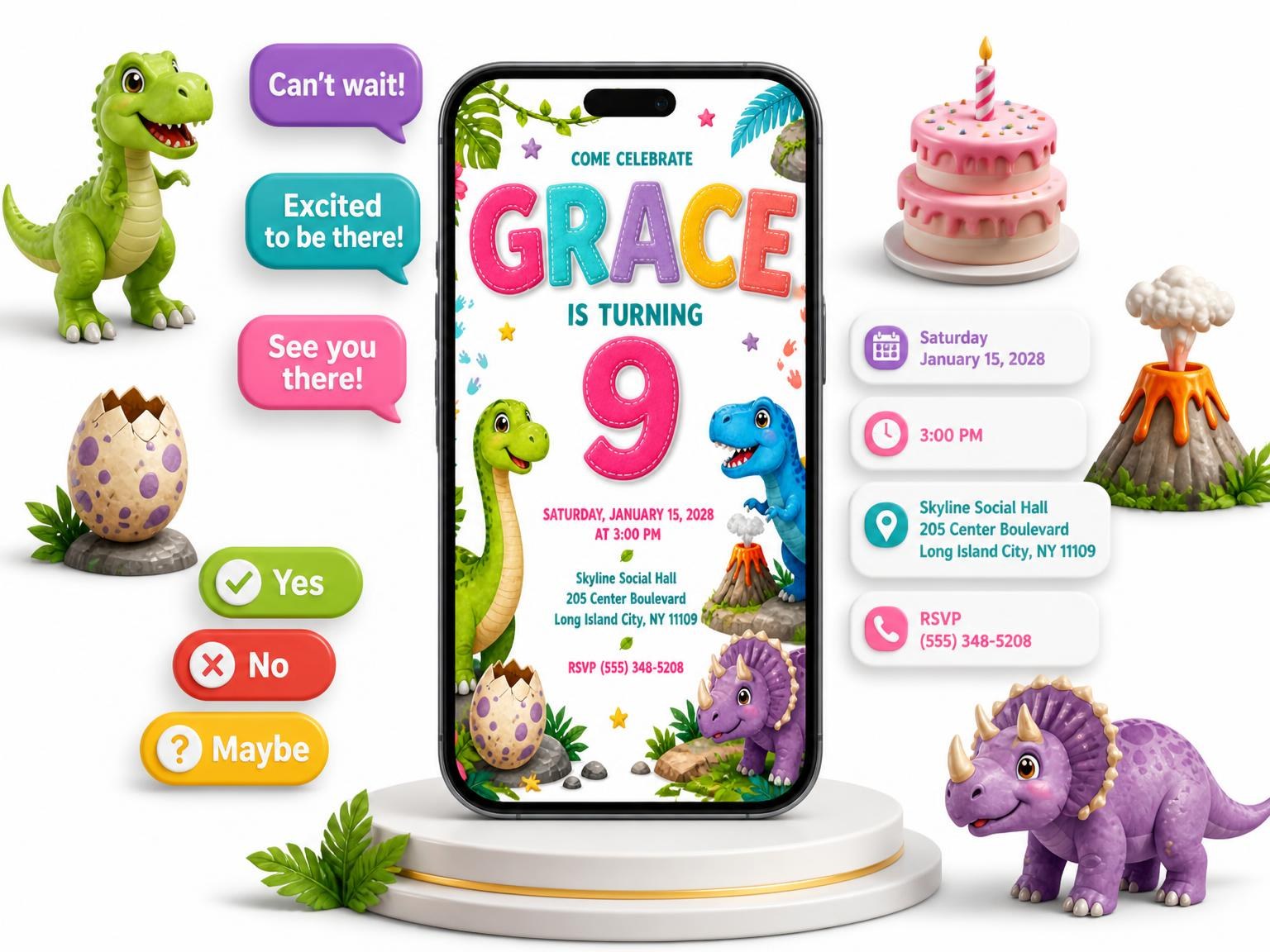 The Stitched Dinosaur 9th Birthday Invitation invitation on a phone, with guest RSVPs arriving around it