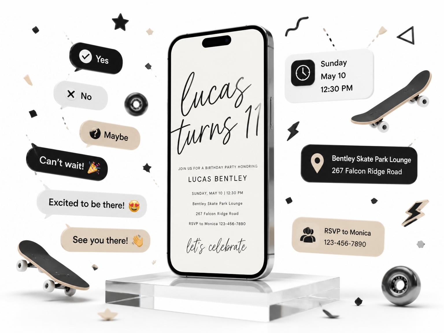 The Charcoal Script Minimalist 11th Birthday Invitation invitation on a phone, with guest RSVPs arriving around it