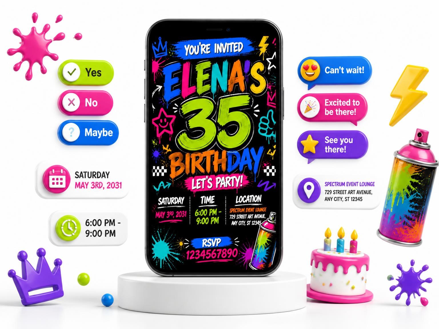 The Graffiti Street Art 35th Birthday Invitation invitation on a phone, with guest RSVPs arriving around it