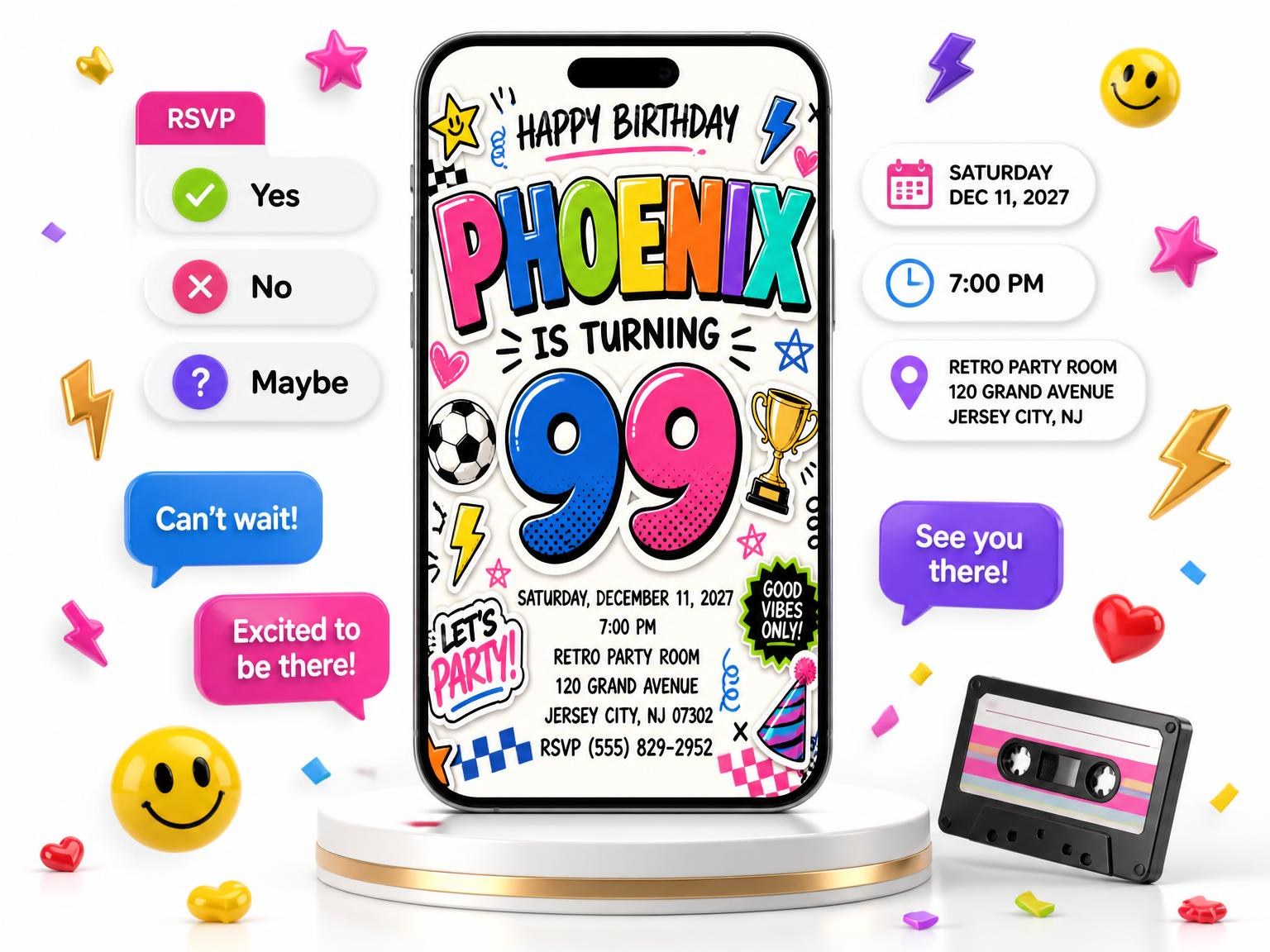 The Sticker Pop 99th Birthday Invitation invitation on a phone, with guest RSVPs arriving around it