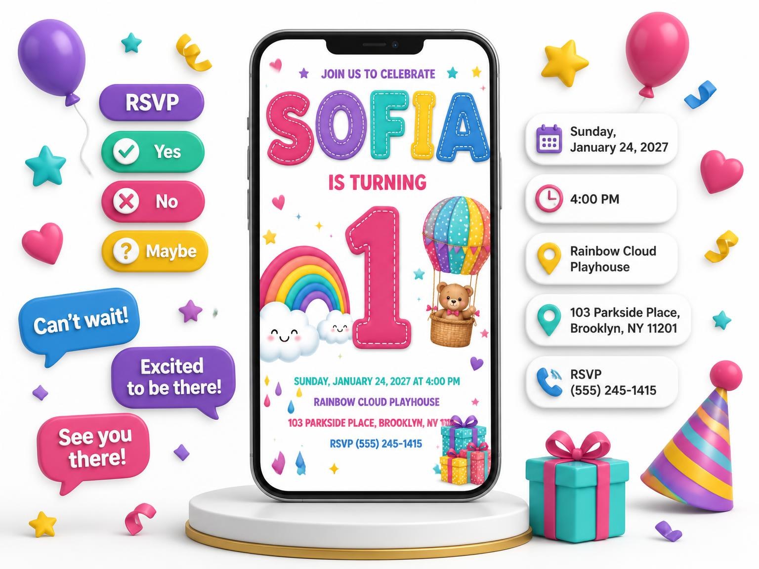 The Stitched Teddy Bear Balloon 1st Birthday Invitation invitation on a phone, with guest RSVPs arriving around it