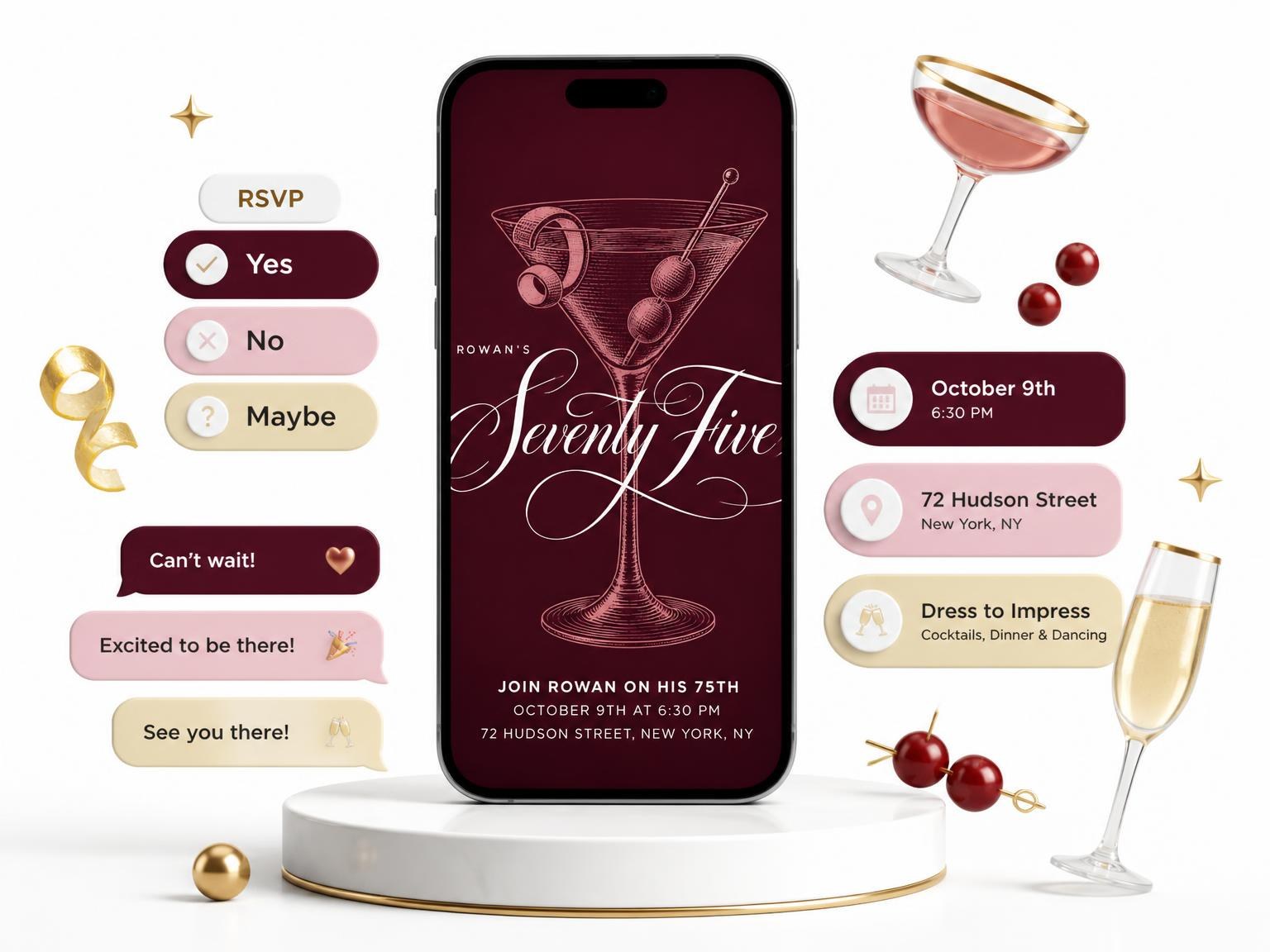 The Burgundy Cocktail 75th Birthday Invitation invitation on a phone, with guest RSVPs arriving around it