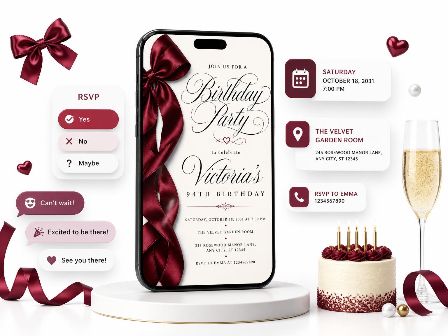 The Burgundy Satin Bow 94th Birthday Invitation invitation on a phone, with guest RSVPs arriving around it