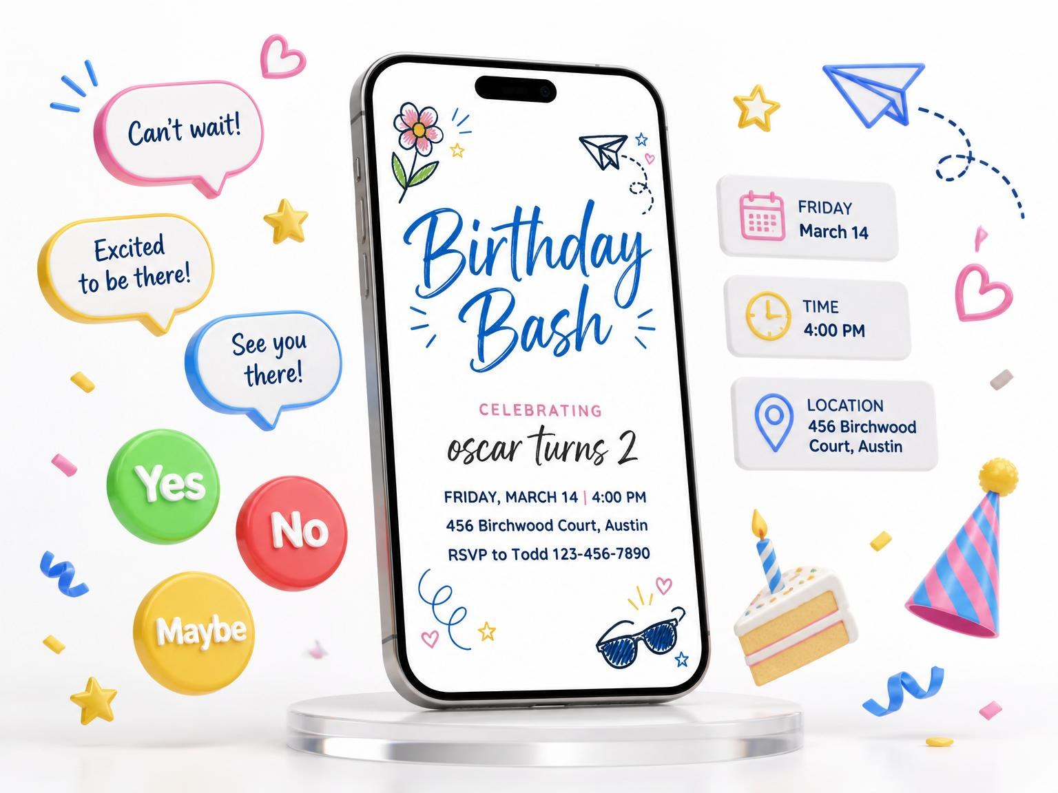The Primary Color Doodle 2nd Birthday Invitation invitation on a phone, with guest RSVPs arriving around it