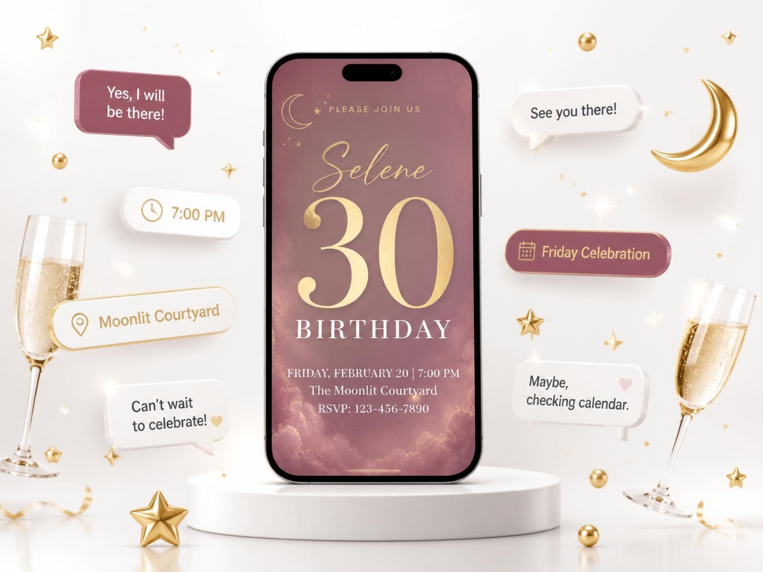The Dusty Rose Gold Moon 30th Birthday invitation on a phone, with guest RSVPs arriving around it