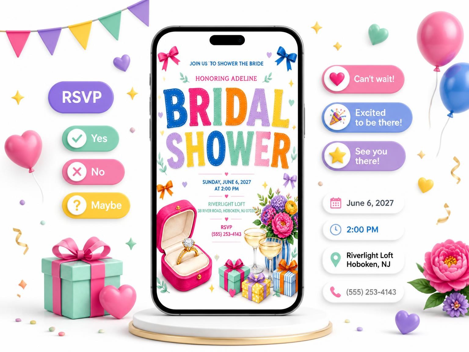 The Pink Velvet Bridal Shower Invitation invitation on a phone, with guest RSVPs arriving around it