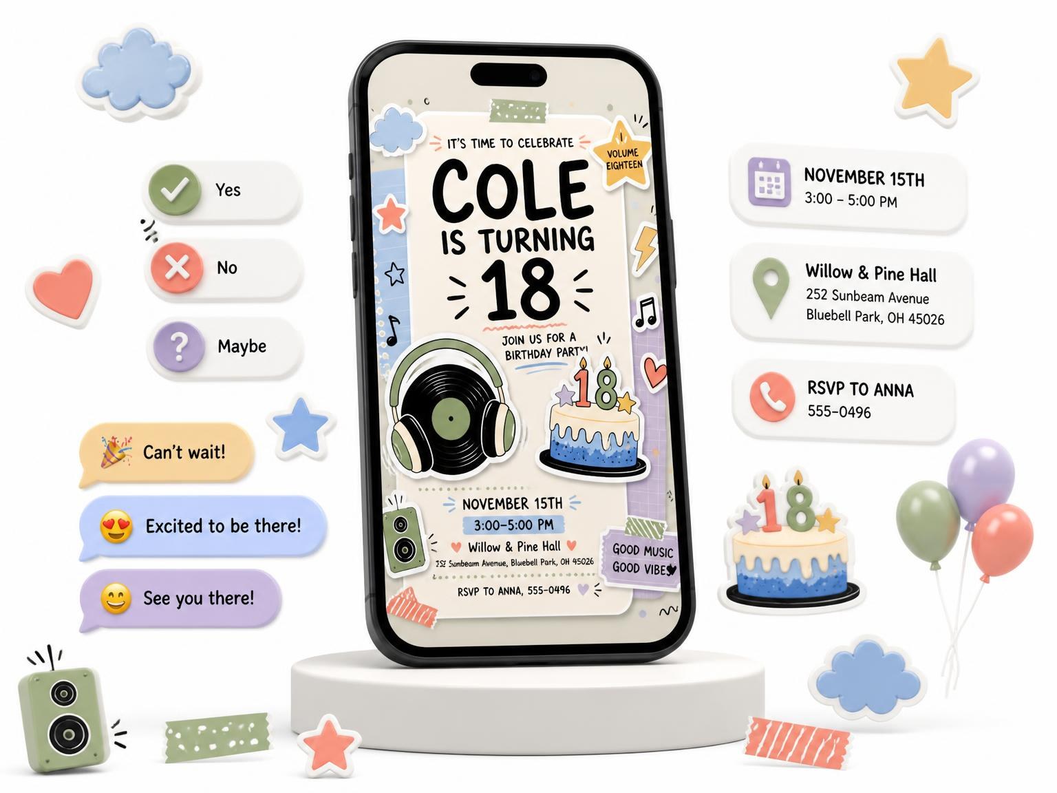 The Vinyl Record Pastel 18th Birthday Invitation invitation on a phone, with guest RSVPs arriving around it