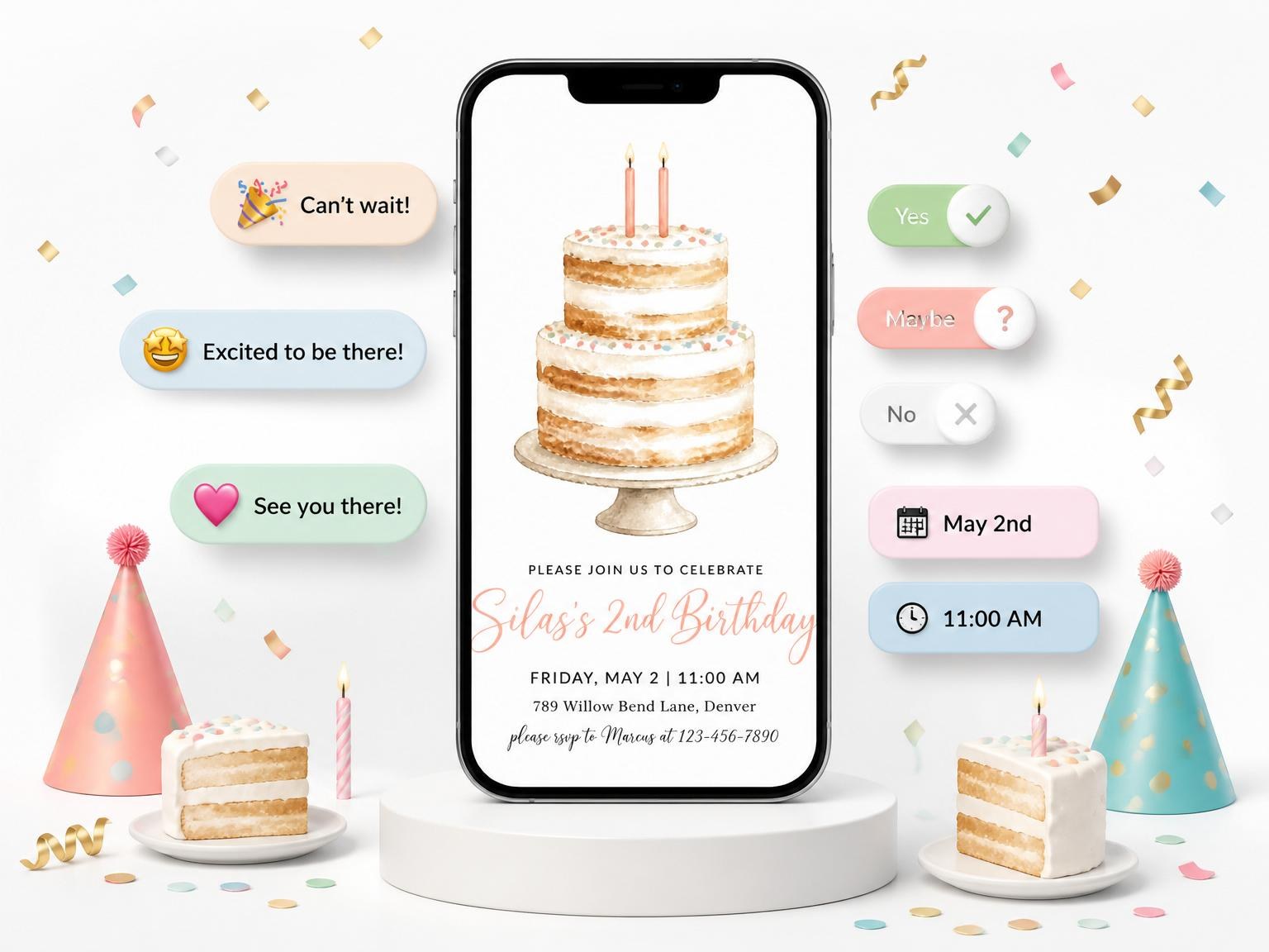 The Watercolor Naked Cake 2nd Birthday Invitation invitation on a phone, with guest RSVPs arriving around it