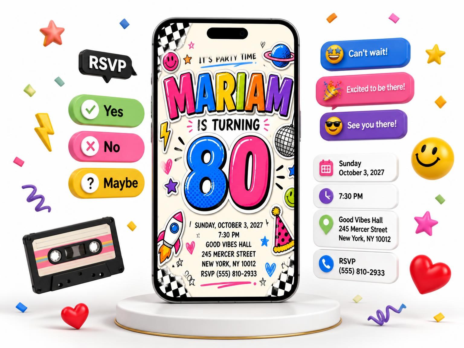 The Sticker Pop 80th Birthday Invitation invitation on a phone, with guest RSVPs arriving around it
