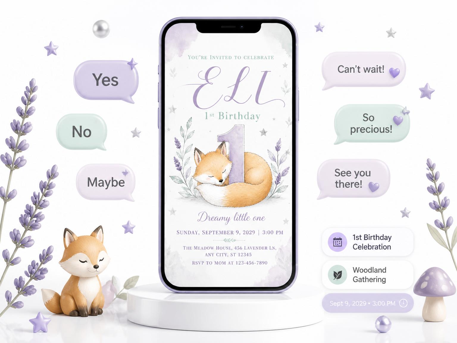 The Dreamy Woodland Fox 1st Birthday invitation on a phone, with guest RSVPs arriving around it