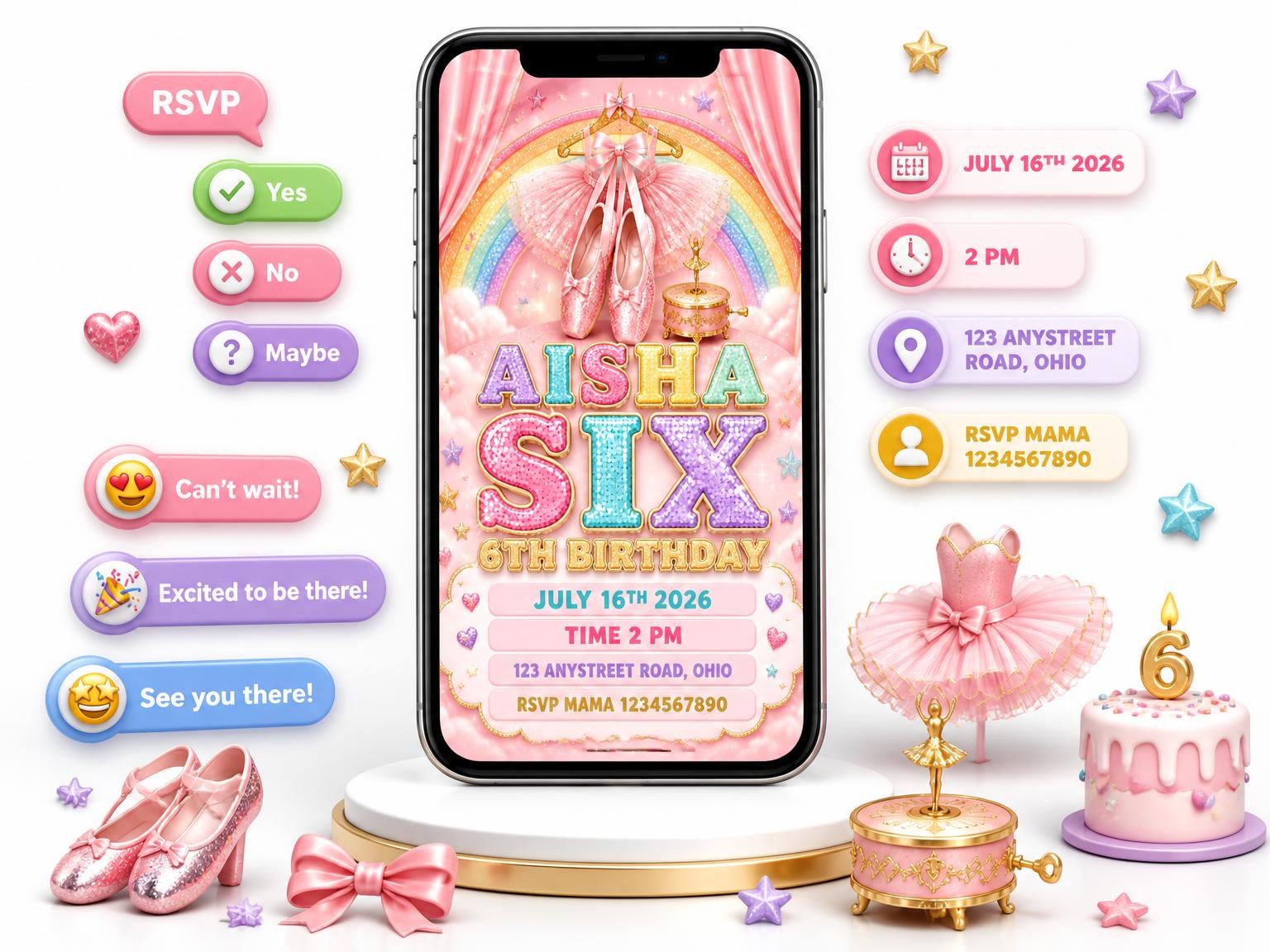The Glitter Ballet 6th Birthday Invitation invitation on a phone, with guest RSVPs arriving around it